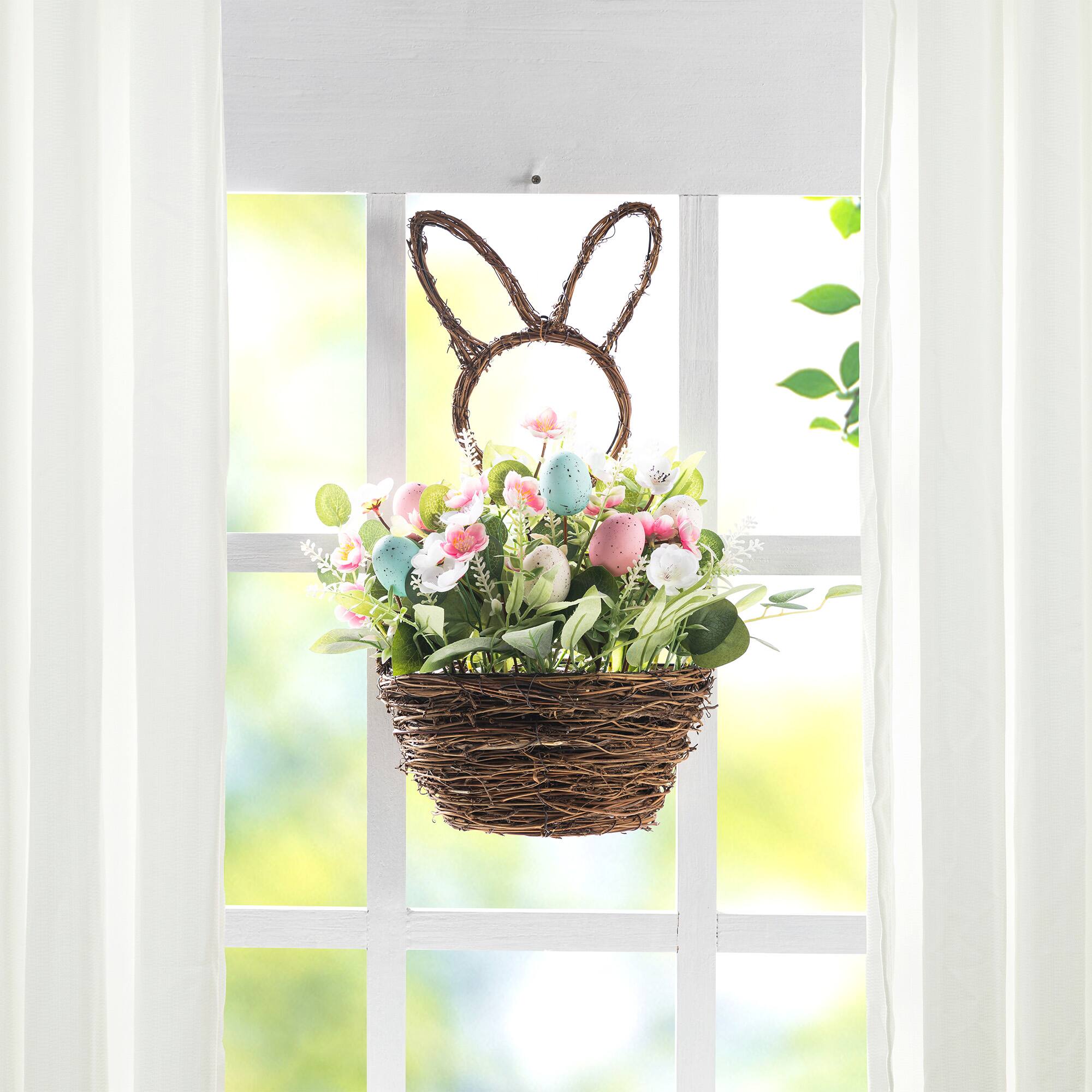 Glitzhome® 18" Easter Egg & Flower Bunny-Shaped Basket Centerpiece